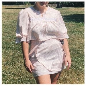 Vintage Baby Pink Floral Lace Satin Skirt Set Boho